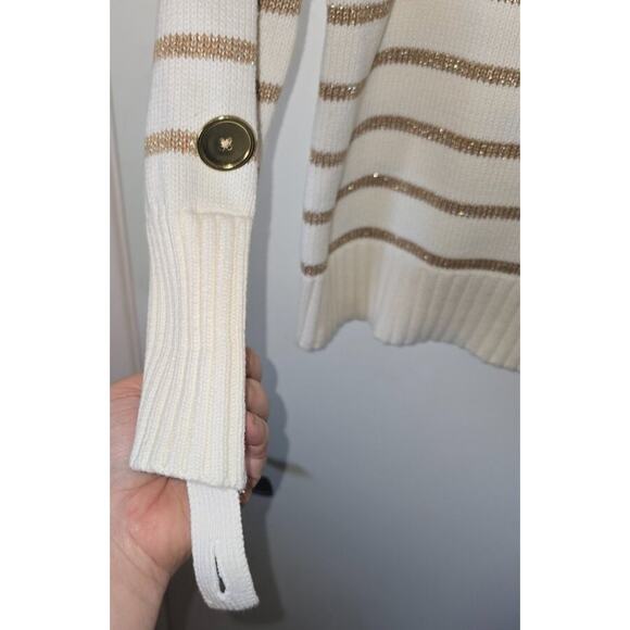Jones New York Cream Gold Striped Shiny Crew Neck Sweater Petite Medium - Picture 7 of 7